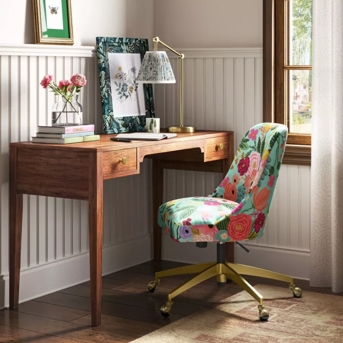 Strawberry Fields Desk Lamp: Gold Table Light, Small Task Lamp, Metal & Linen, 40W, ETL Listed