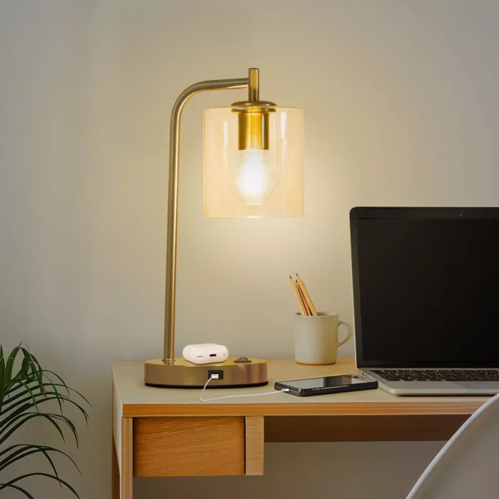 Brightech Elizabeth Modern (Includes LED Light Bulb) USB & Wireless Charging Arc Desk Table Lamp Antiqued Brass: 16" USB Port