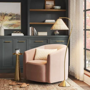 Gooseneck Floor Lamp with Natural Shade Brass: Adjustable, Rattan Shade, Metal Base